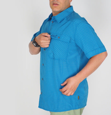 Mens Jack Wolfskin 5009321 Dk Turquoise Checks Short Sleeve Shirt 