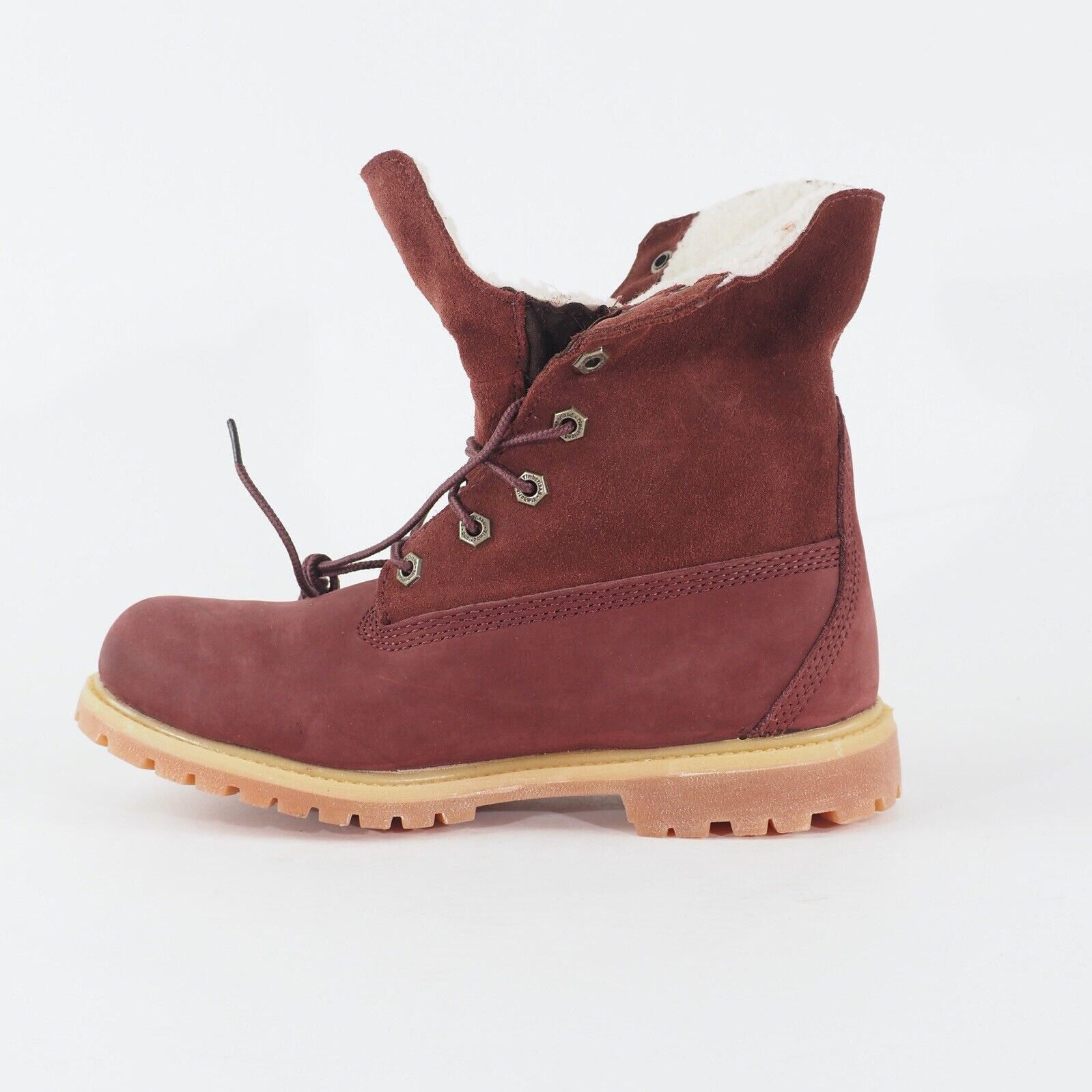 Womens Timberland Teddy Fleece Fold Down Burgundy Leather Lace Waterproof Boots