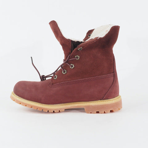 Womens Timberland Teddy Fleece Fold Down Burgundy Leather Lace Waterproof Boots