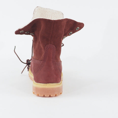 Womens Timberland Teddy Fleece Fold Down Burgundy Leather Lace Waterproof Boots