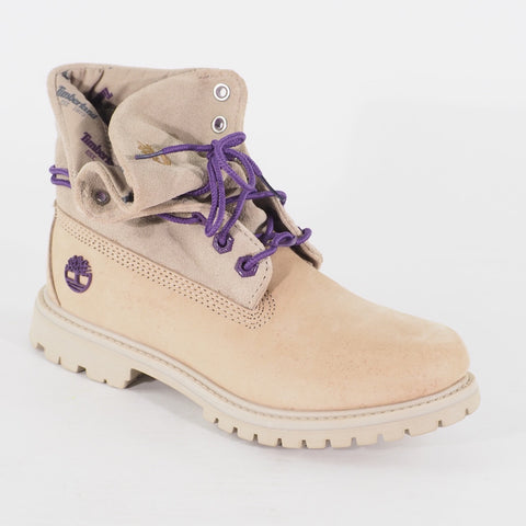 Womens Timberland Roll Top A21UK Beige Leather Lace Up Casual Walking Boots