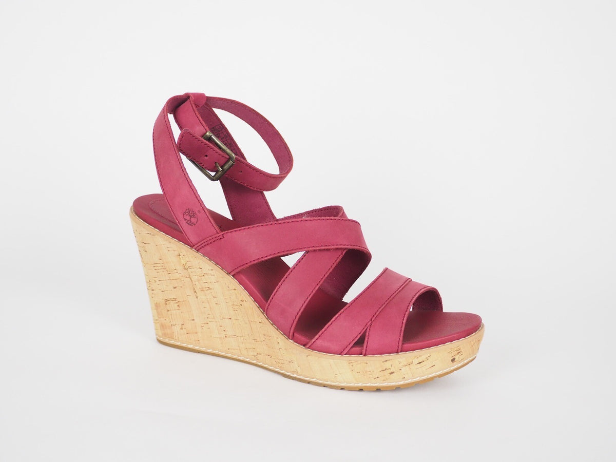 Womens Timberland EK Danforth 8913R Dk Red Leather Strappy Wedge Sandals
