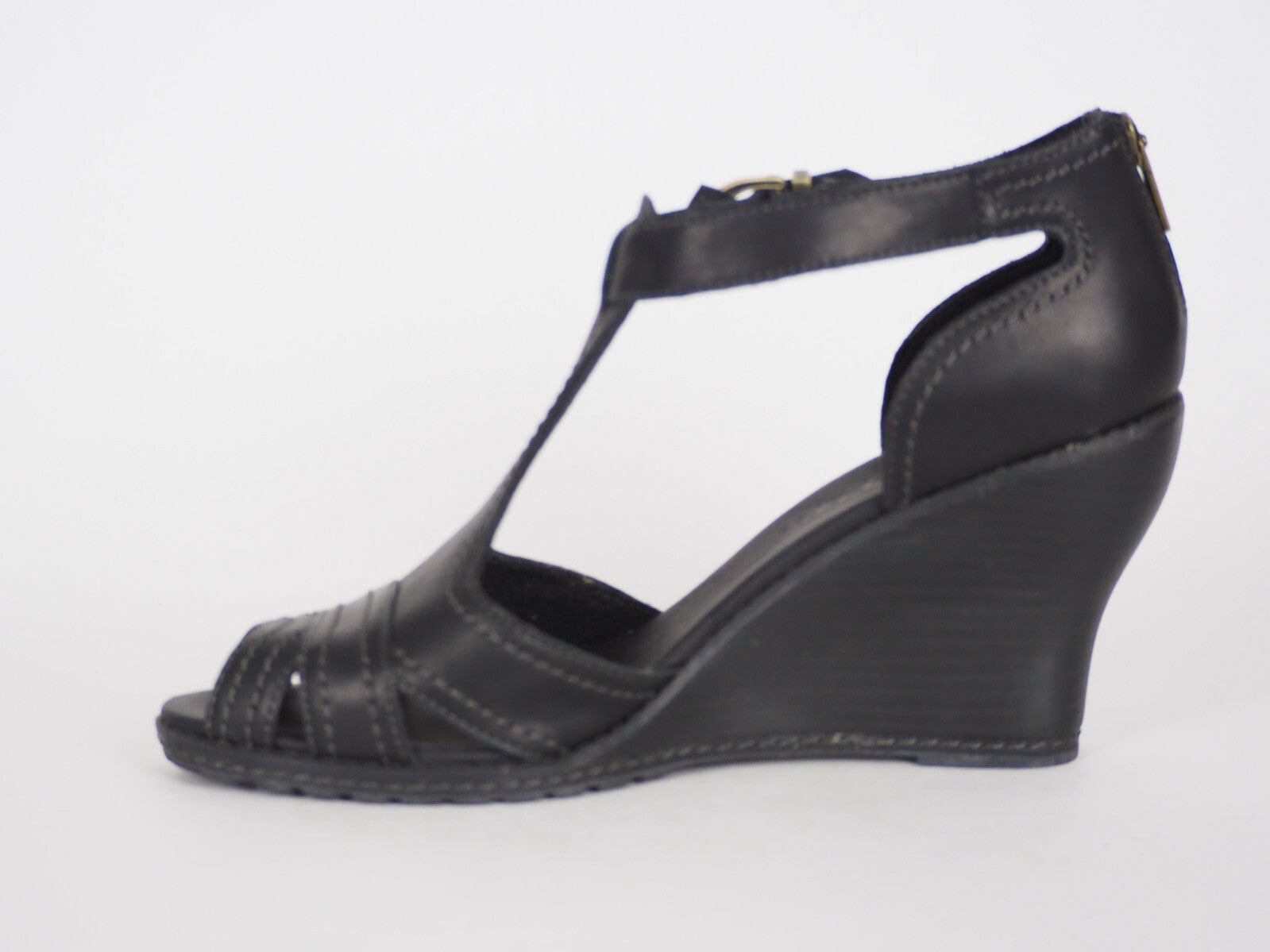 Womens Timberland EK Masln 3444R Black Leather Open Toe Wedge Heel Sandals