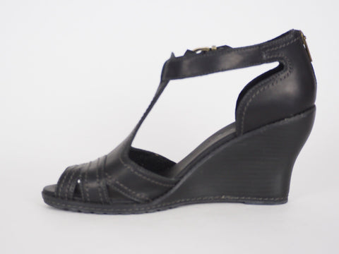 Womens Timberland EK Masln 3444R Black Leather Open Toe Wedge Heel Sandals