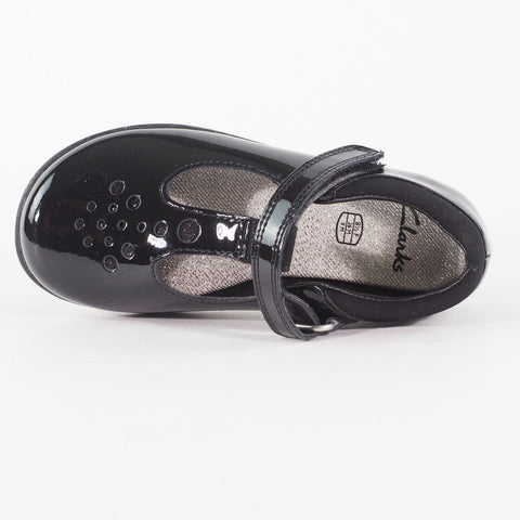 Girls Clarks Trixi Pip Pre Black Pate Leader One Strap School Walking Shoes