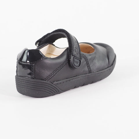 Girls Clarks Lilfolkbud Black Leather Leader Single Strap School Walking Shoes