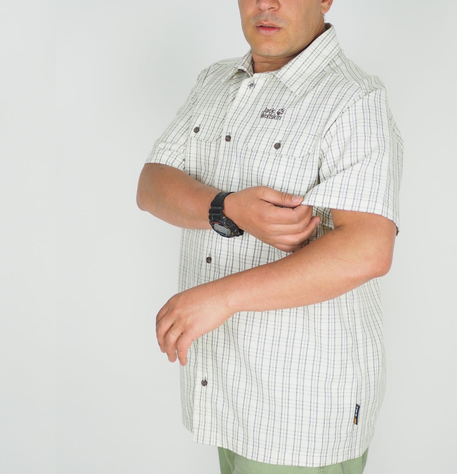 Mens Jack Wolfskin Thompson 1401041 White Sand Checks Short Sleeved Shirt 