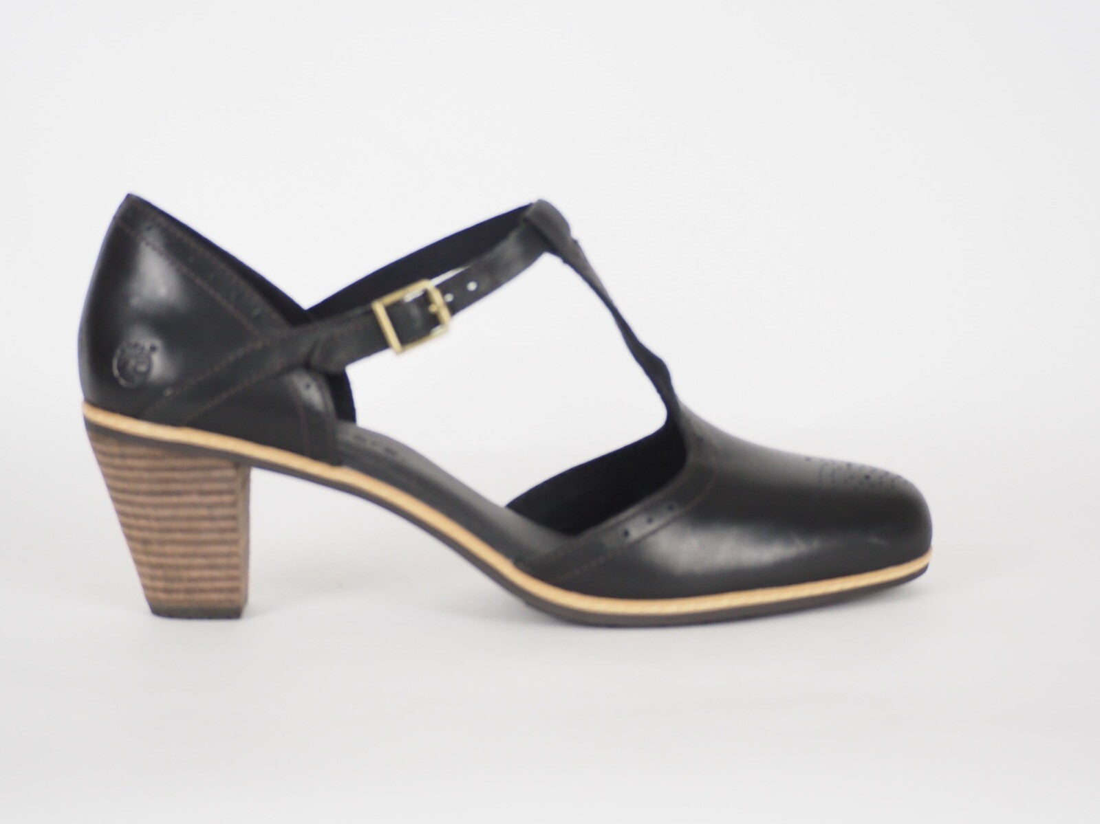 Womens Timberland EK Montvale 8049R Black Leather High Heel T Strap Summer Shoes
