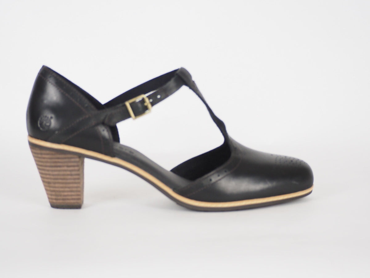 Womens Timberland EK Montvale 8049R Black Leather High Heel T Strap Summer Shoes