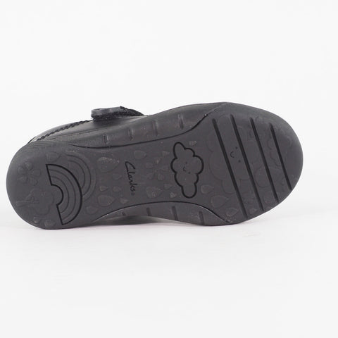 Girls Clarks Lilfolkbud Black Leather Leader Single Strap School Walking Shoes
