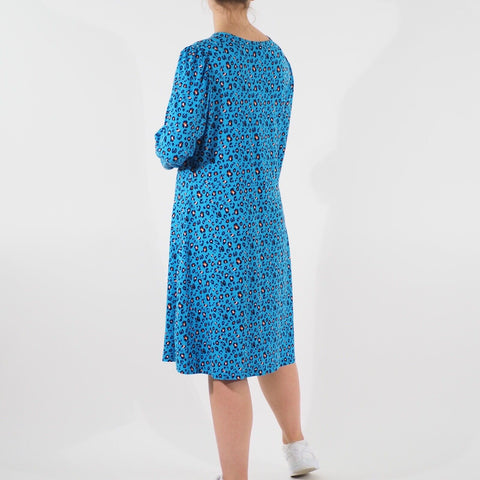 Womens Ex M&S Long Sleeve Viscose Dress Blue Mix Floral Round Neck Long Dress