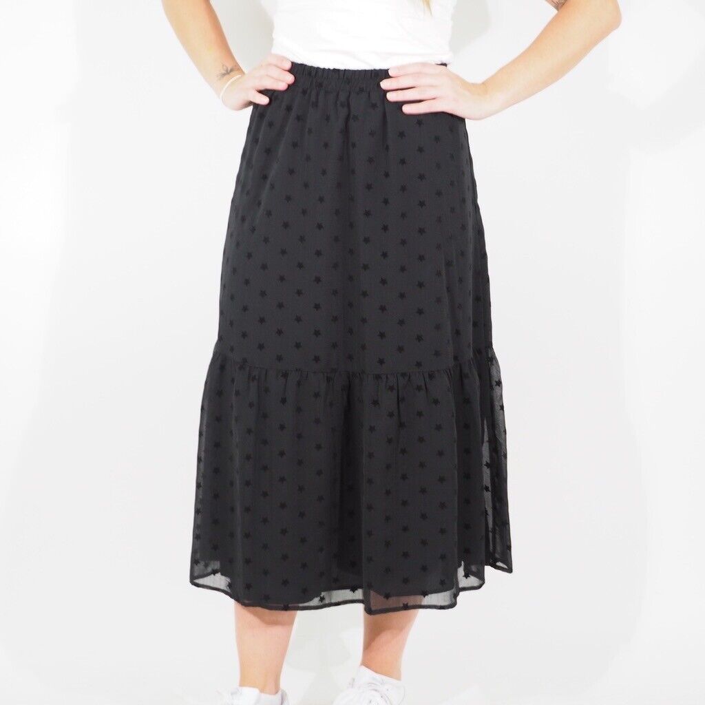 Womens Ex M&S Long Skirt Black Elastic Waist Star Print Ladies Straight Skirt