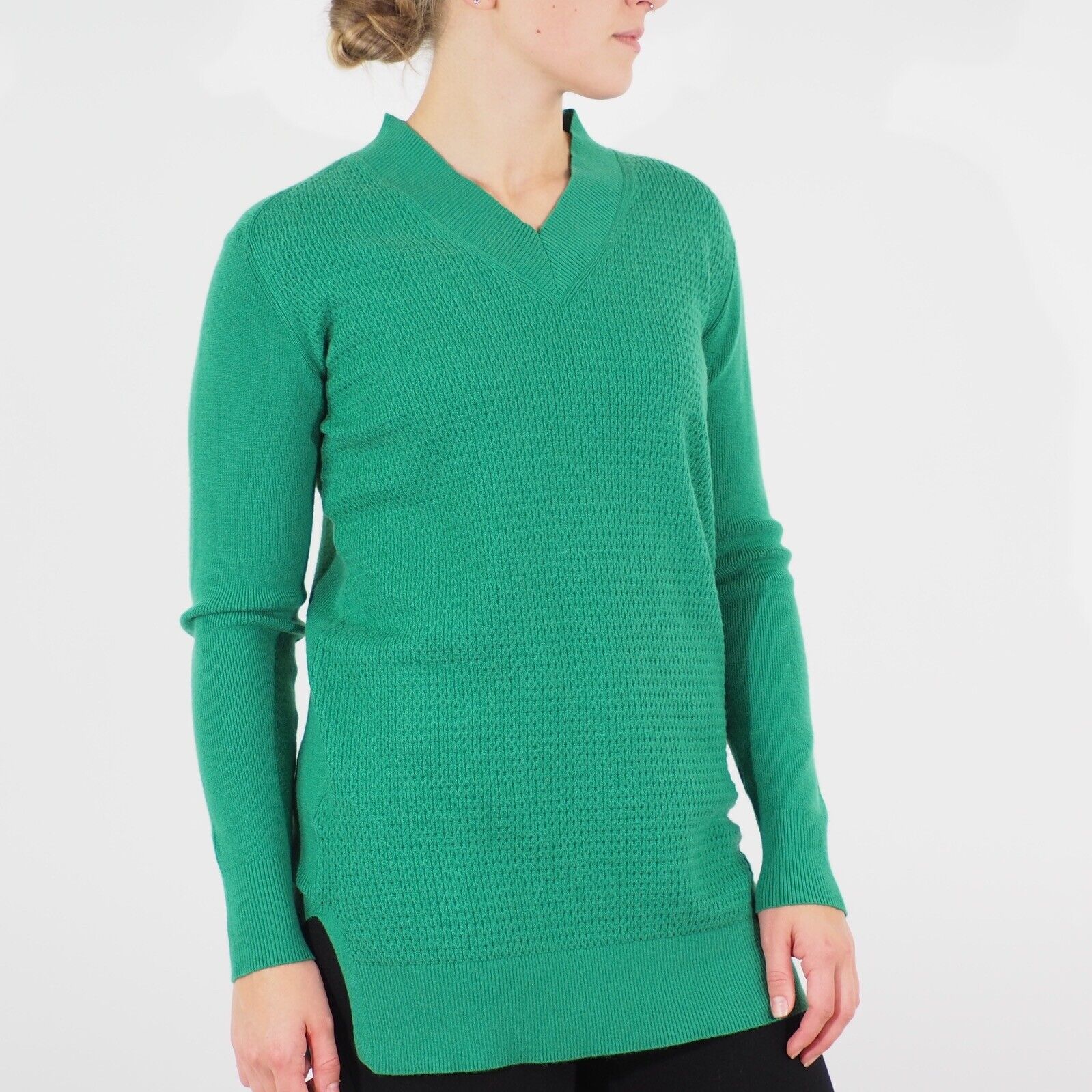 Womens Ex M&S Long Sleeve Top Green V Neck Ladies Casual Stretch Viscose Jumper