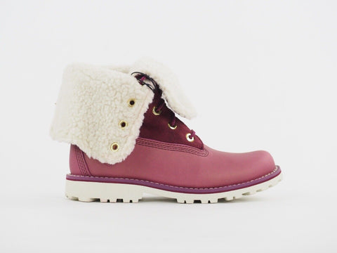 Girls Timberland 6 Inch A18HY Rose Pink Leather Shoes Lace Up Shearling Boots