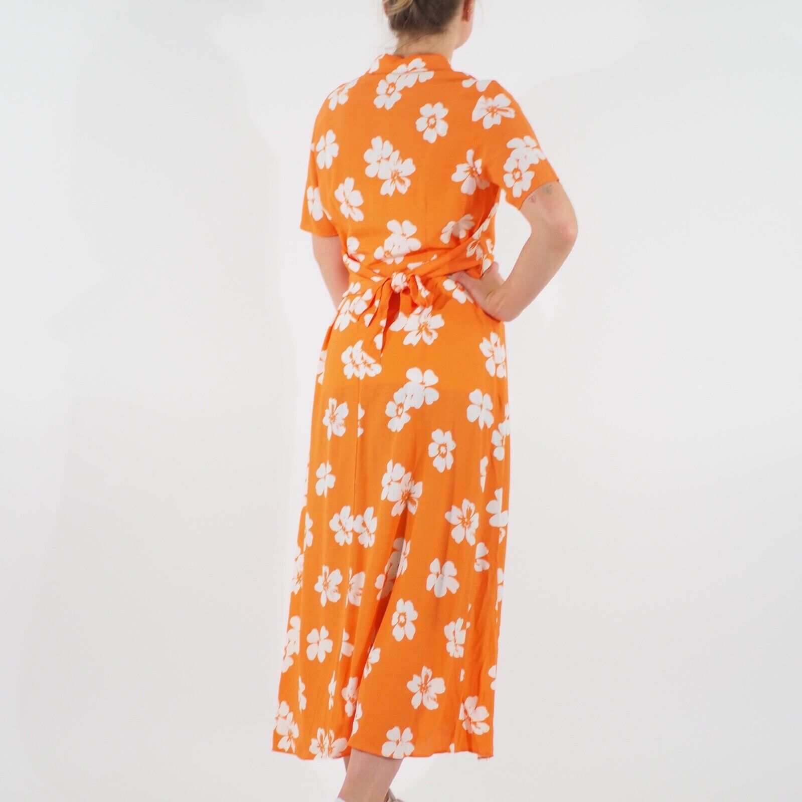 Womens Ex M&S Short Sleeve Viscose Orange White Floral Button Up Long Dress