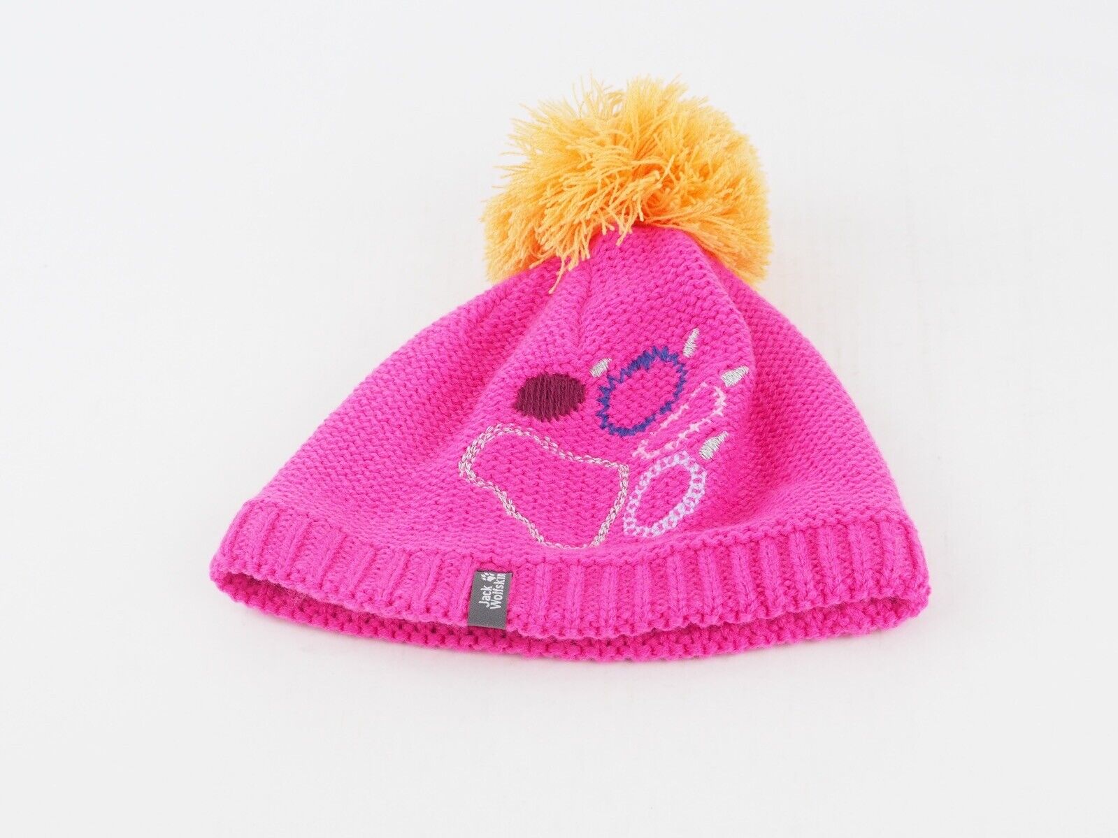 Girls Jack Wolfskin Paw Print Knit Cap Pink Warm Winter Hat With A Pom Pom - London Top Style