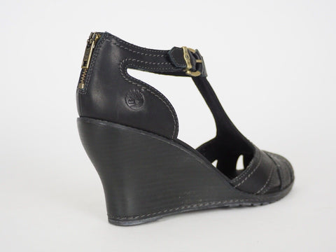Womens Timberland EK Masln 3444R Black Leather Open Toe Wedge Heel Sandals