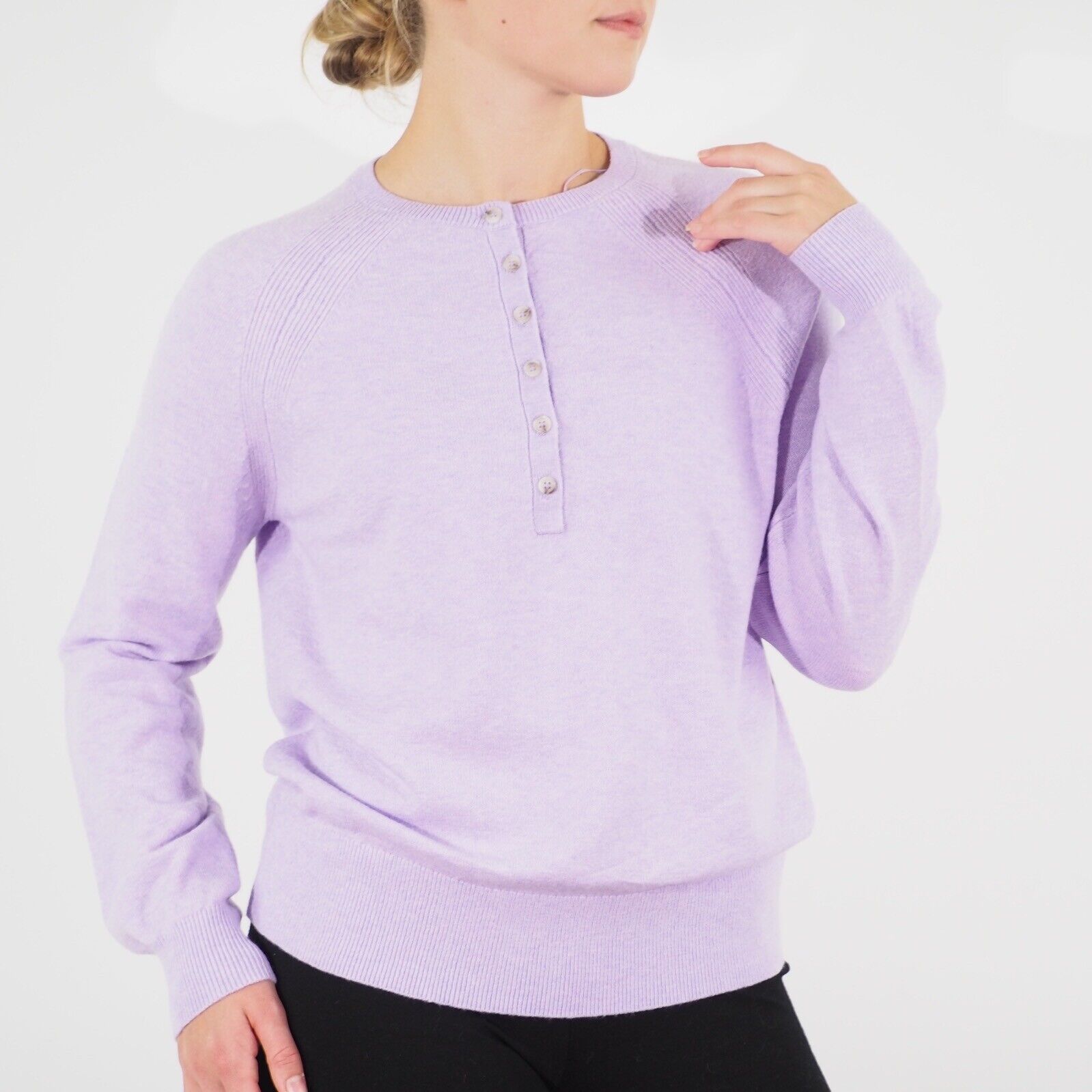 Womens Ex M&S Long Sleeve Top Purple Round Neck Ladies Button Up Casual Jumper