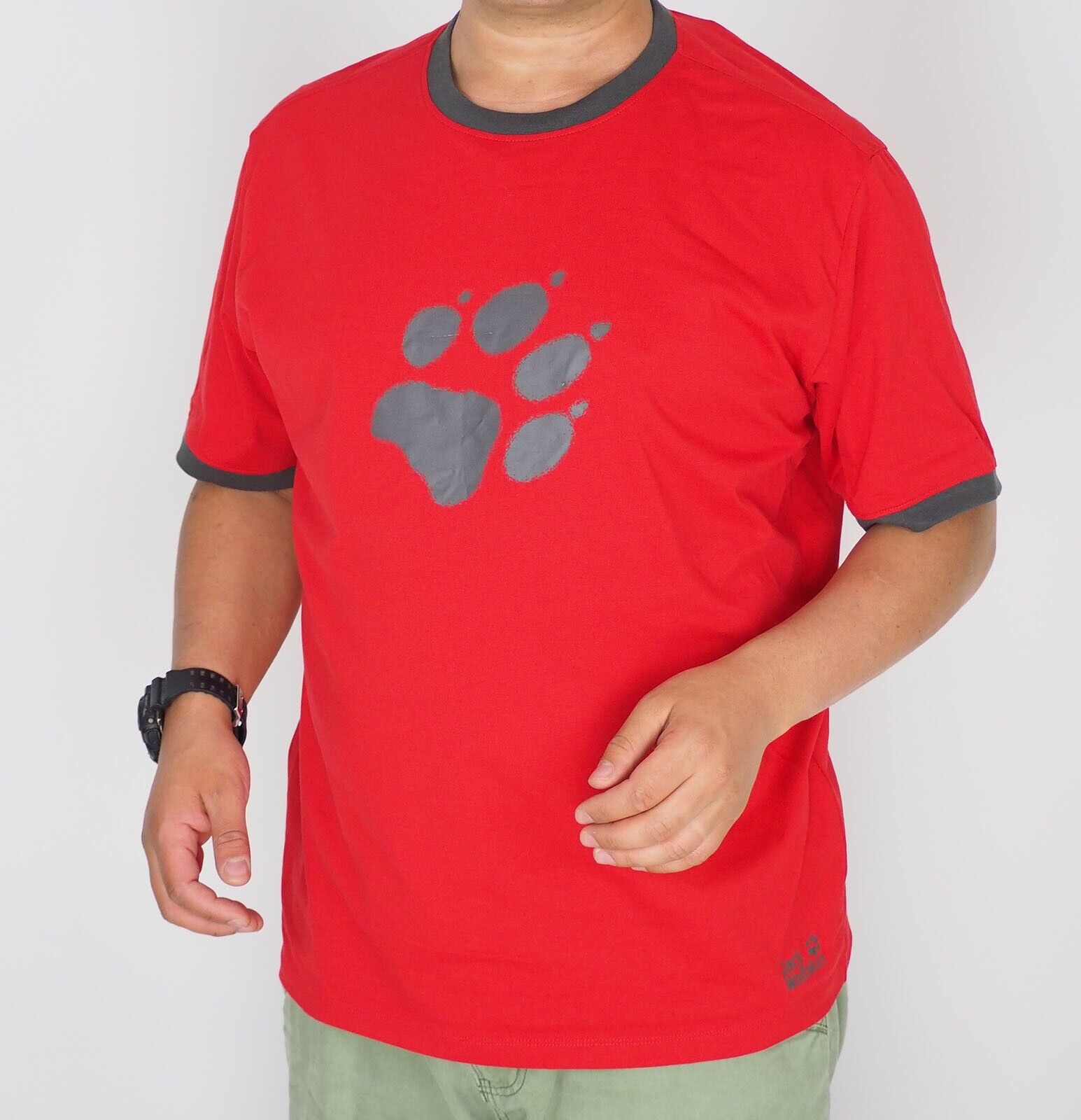 Mens Jack Wolfskin Blurry Paw Print 5005841 Red Fire Casual Short Sleeve T Shirt - London Top Style