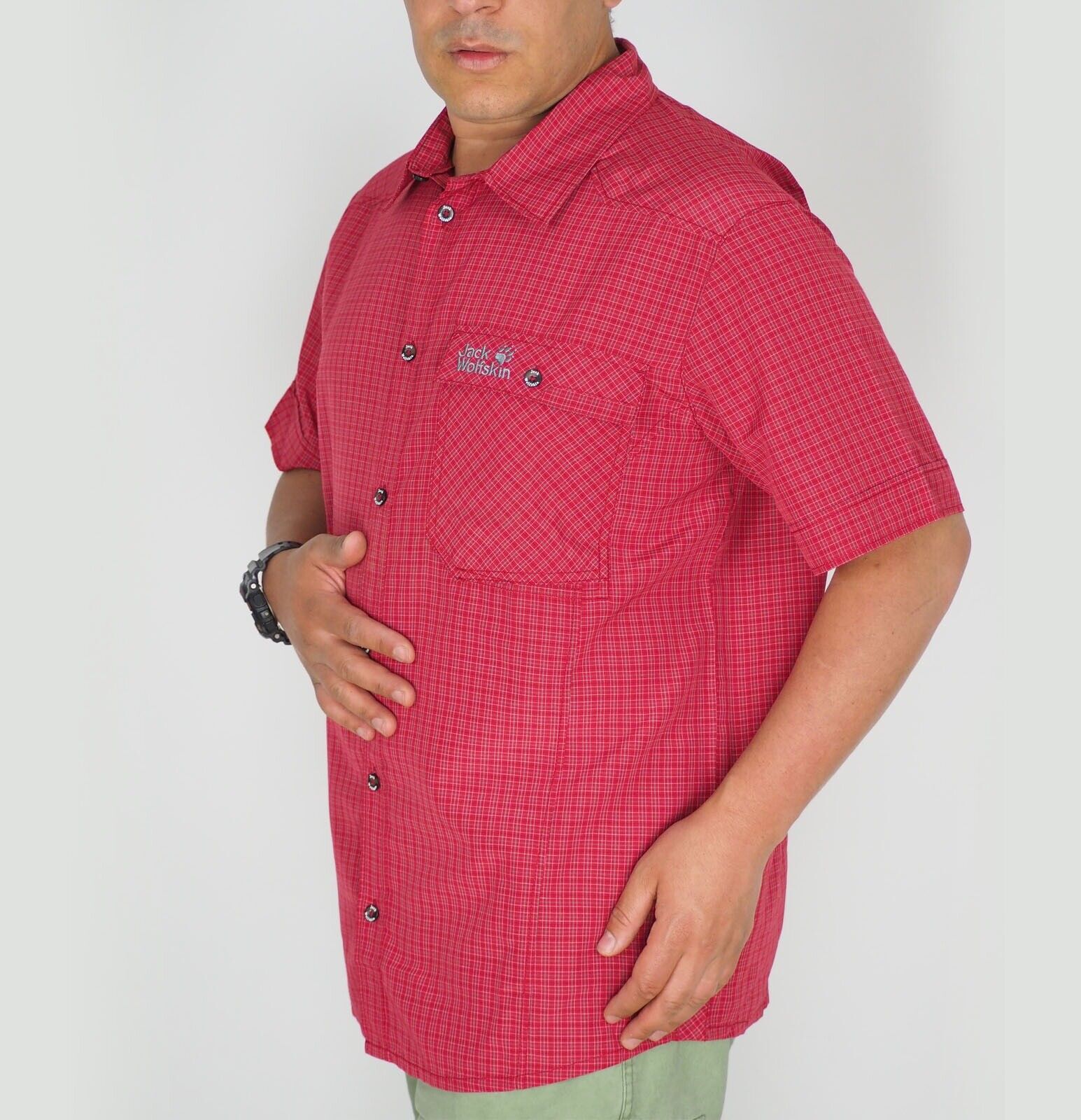 Mens Jack Wolfskin 5009321 Indian Red Checks Short Sleeved Shirt - London Top Style