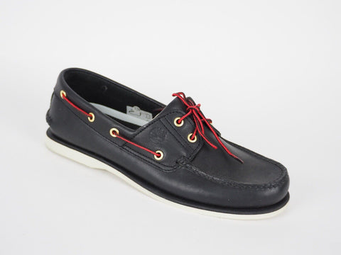 Mens Timberland Classic 2 Eye 1005R Black Leather Red Laces Casual Boat Shoes