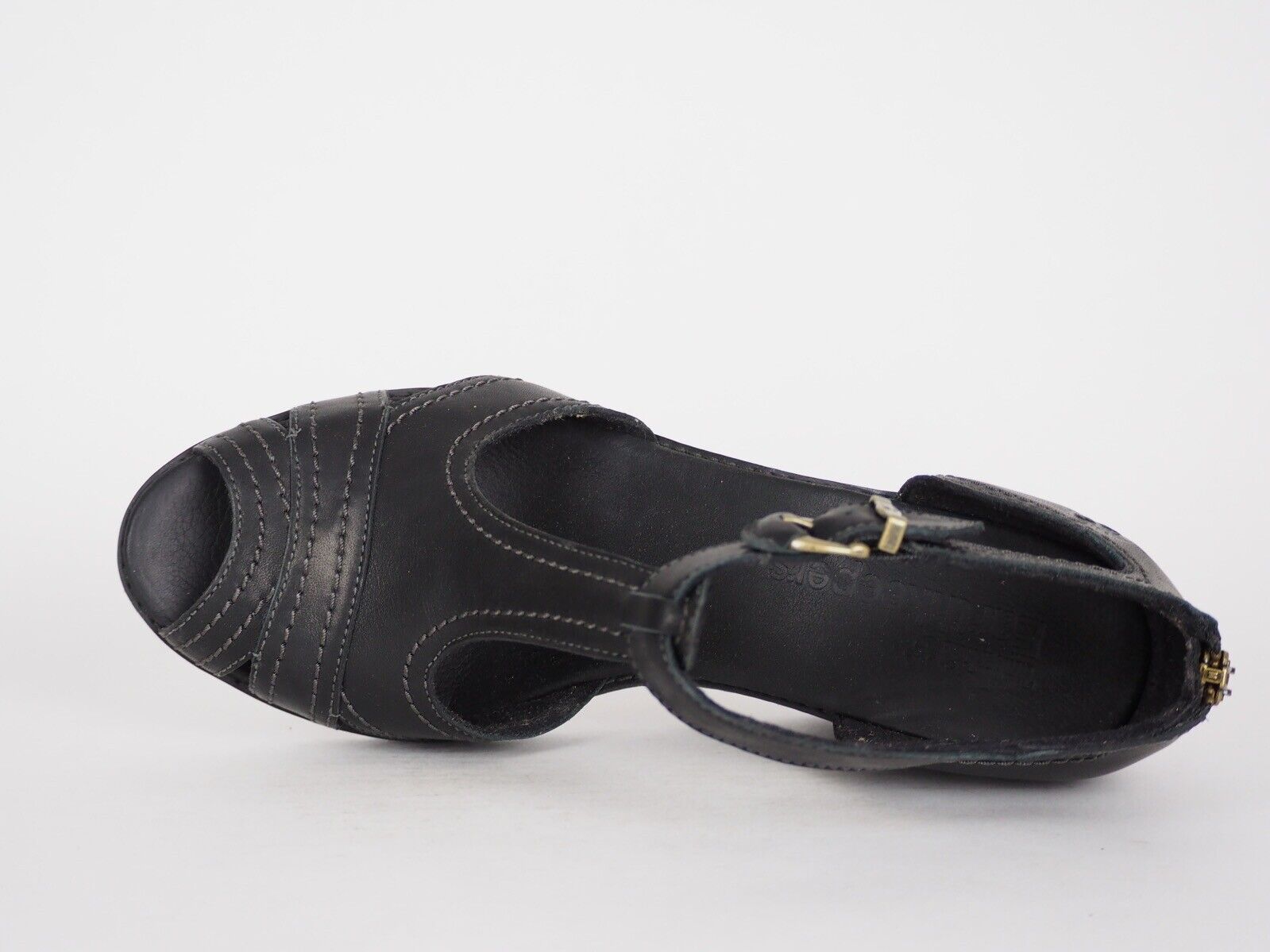 Womens Timberland EK Masln 3444R Black Leather Open Toe Wedge Heel Sandals