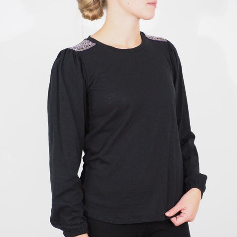 Womens Ex M&S Per Una Long Sleeve Top Black Breathable Cotton Round Neck Blouse