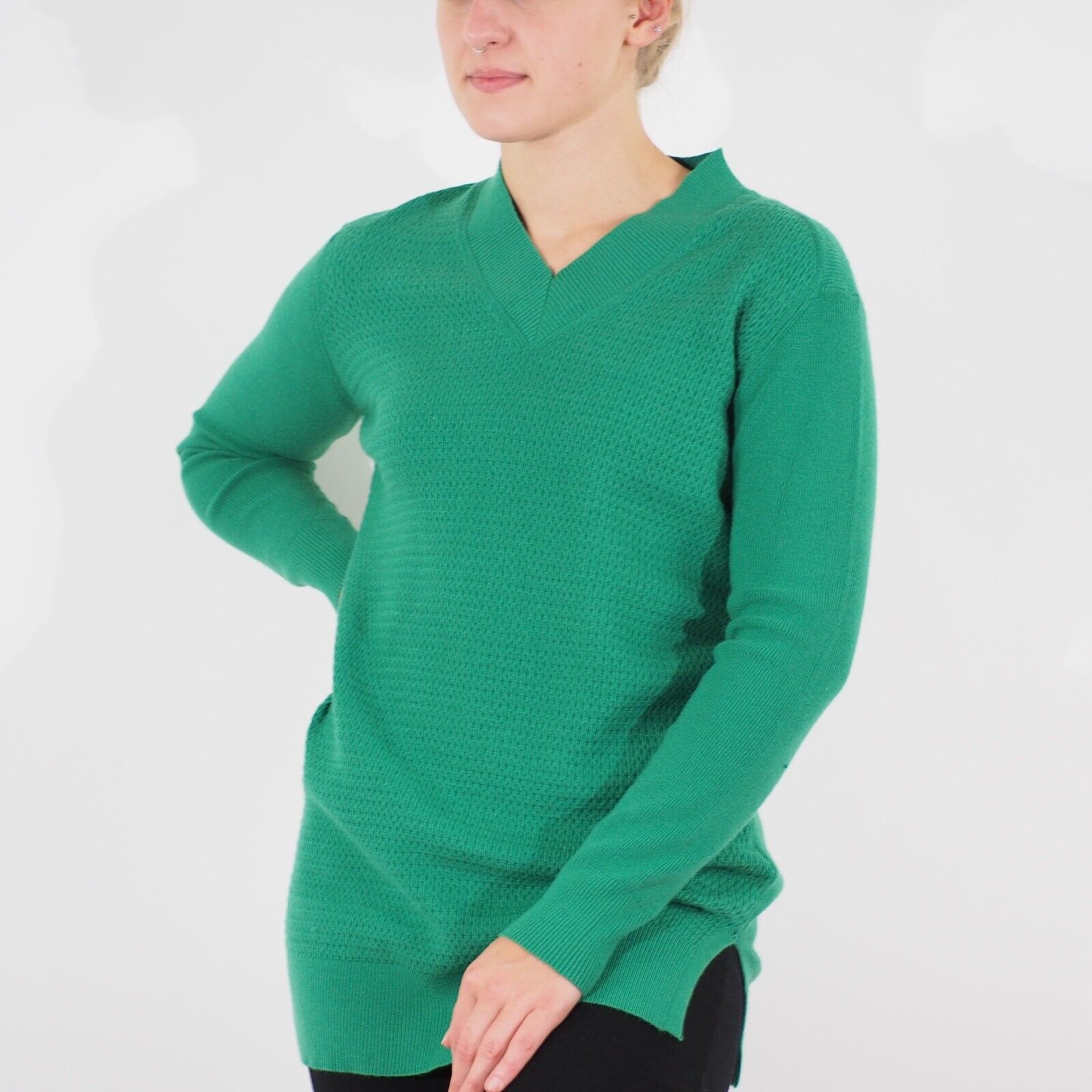 Womens Ex M&S Long Sleeve Top Green V Neck Ladies Casual Stretch Viscose Jumper