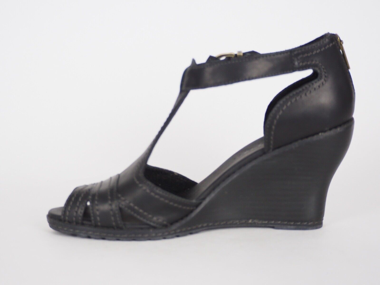 Womens Timberland EK Masln 3444R Black Leather Open Toe Wedge Heel Sandals