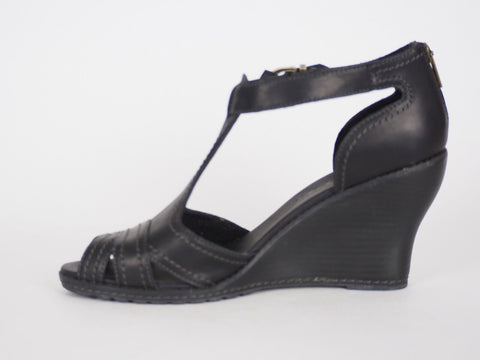 Womens Timberland EK Masln 3444R Black Leather Open Toe Wedge Heel Sandals