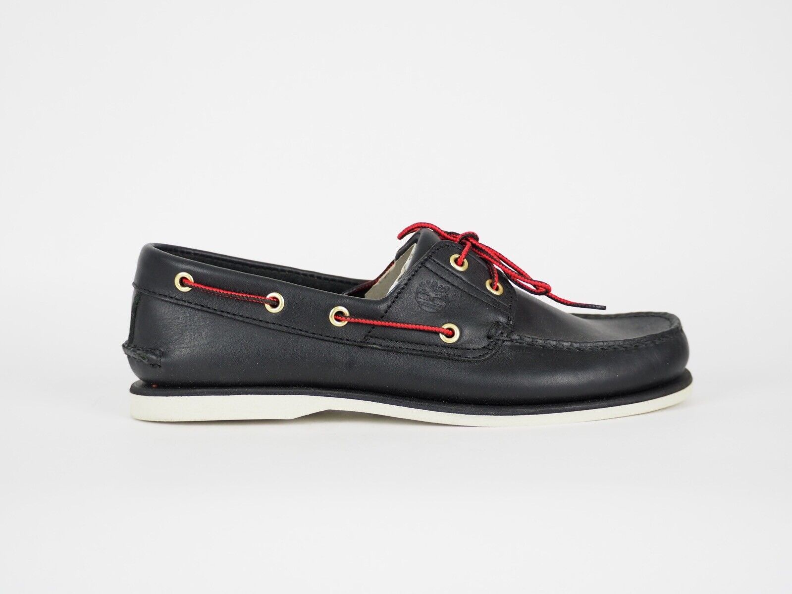 Mens Timberland Classic 2 Eye 1005R Black Leather Red Laces Casual Boat Shoes