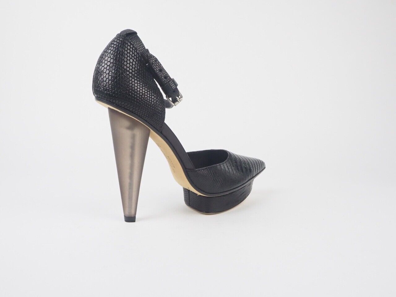 Womens Calvin Klein Kyra Waxed Lizard J3150 Leather Black Heels Shoes - London Top Style