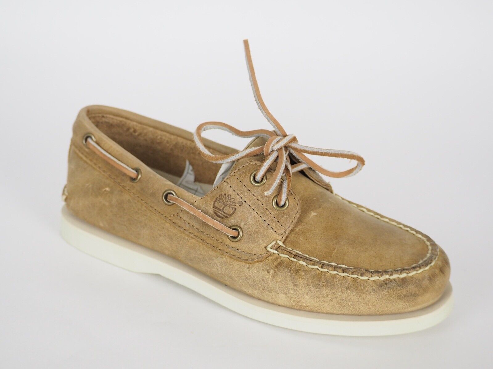 Mens Timberland Classic 1002R Beige Leather 2 Eye Lace Up Casual Boat Shoes