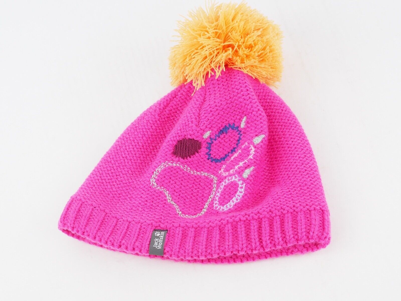 Girls Jack Wolfskin Paw Print Knit Cap Pink Warm Winter Hat With A Pom Pom - London Top Style