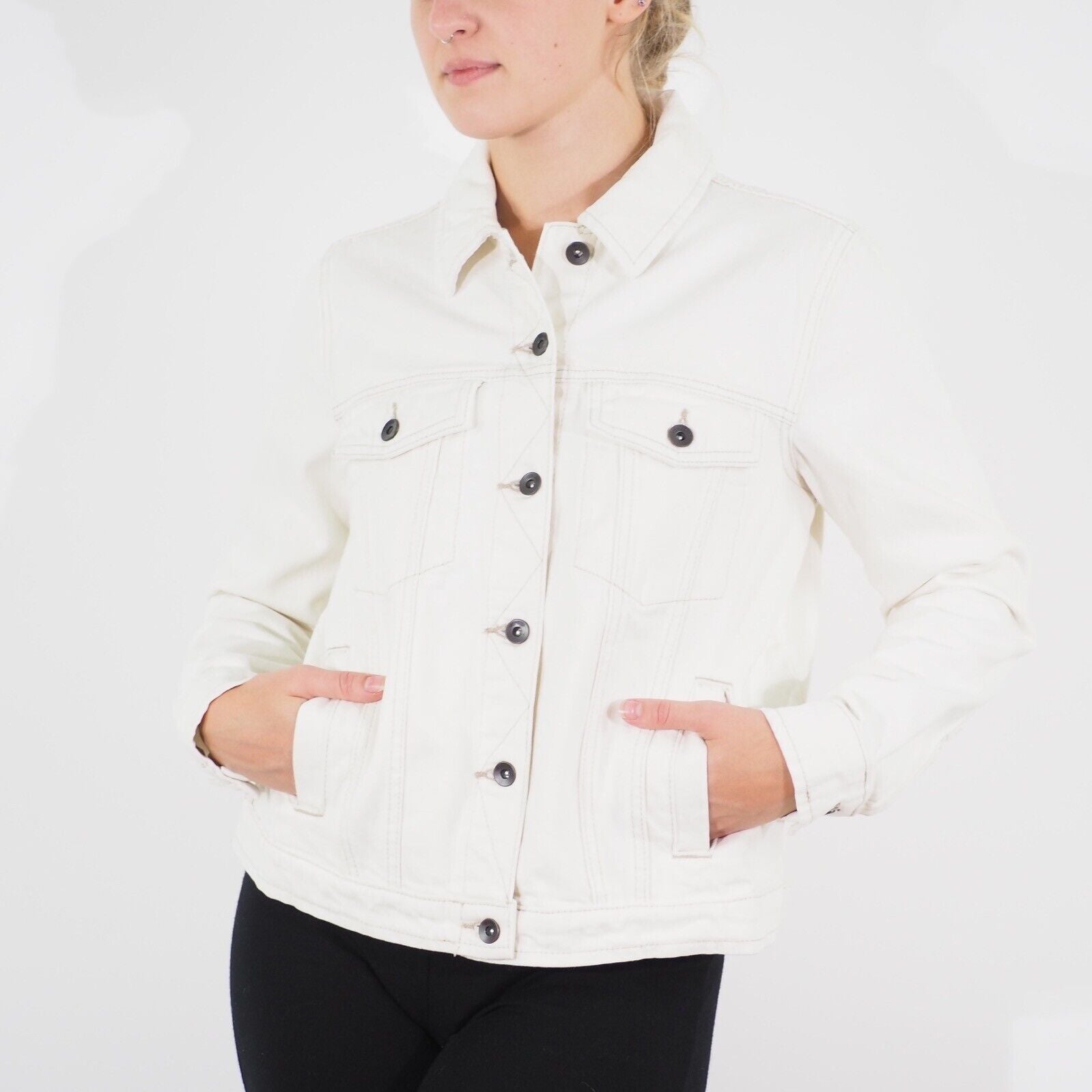 Womens Ex M&S Long Sleeve Denim Jacket White Casual Ladies Pure Cotton Coat