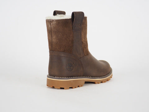 Boys Girls Timberland Chestnut Ridge A14IE Brown Leather Warm Ld Pull On Boots