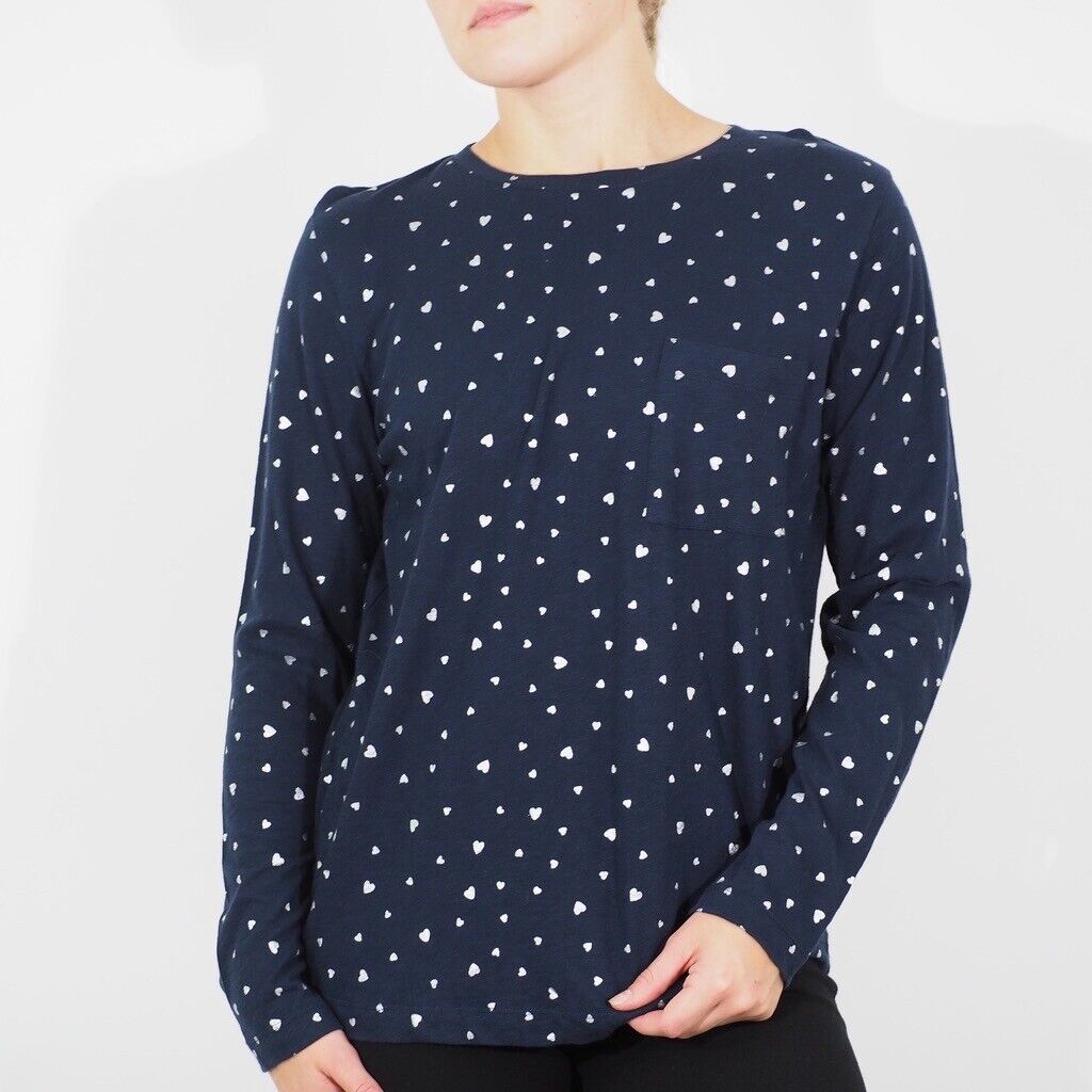 Womens Ex M&S Long Sleeve Pure Cotton Top Navy Casual Round Neck Ladies Blouse