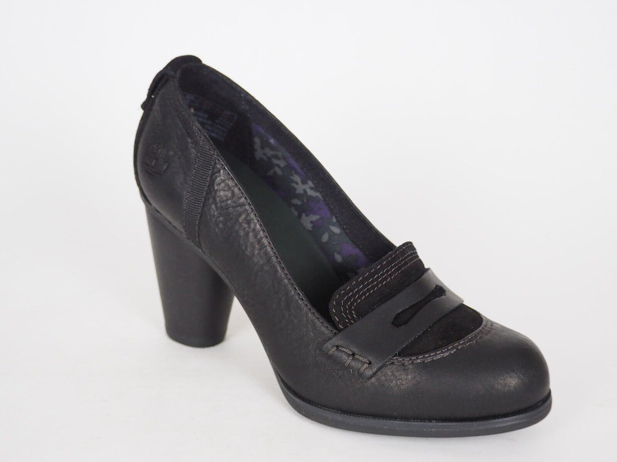 Womens Timberland Nevali 19616 Black Leather Slip On Heeled Loafers - London Top Style