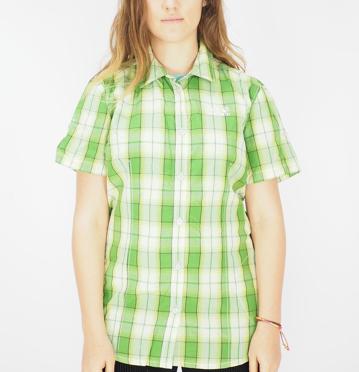 Womens Jack Wolfskin Aurora 1401651 Basil Green Checks Casual Shortsleeve Shirt