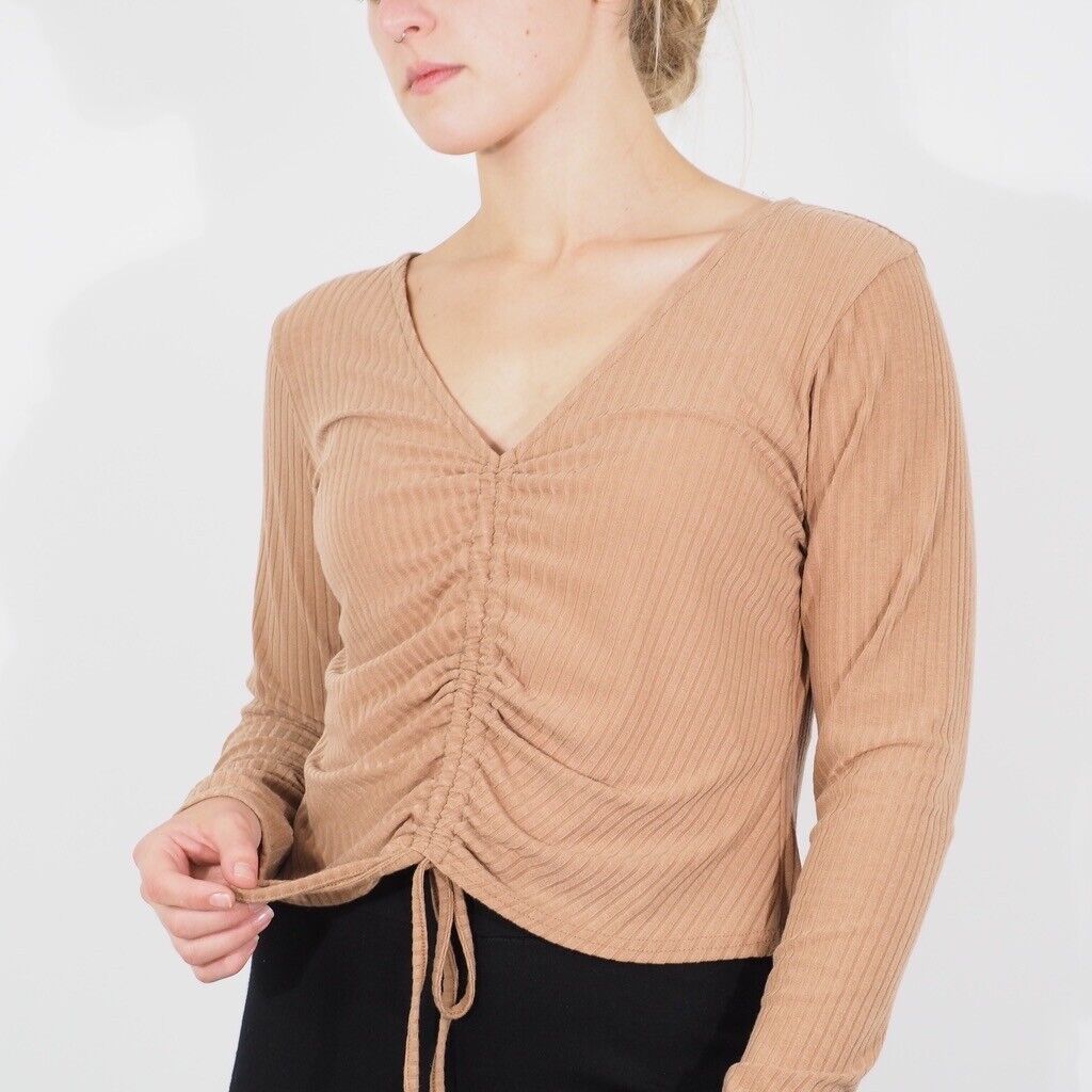 Womens Ex New Look Long Sleeve Top Brown Casual V Neck Stretch Ladies Blouse
