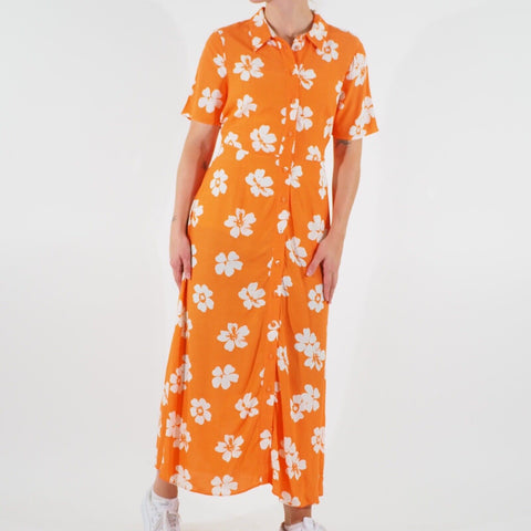 Womens Ex M&S Short Sleeve Viscose Orange White Floral Button Up Long Dress