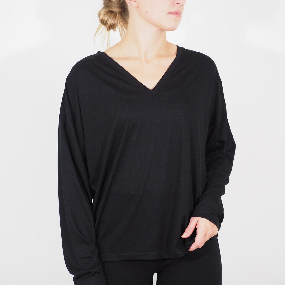 Womens Ex M&S Long Sleeve Top Black V Neck Casual Stretch Ladies Blouse