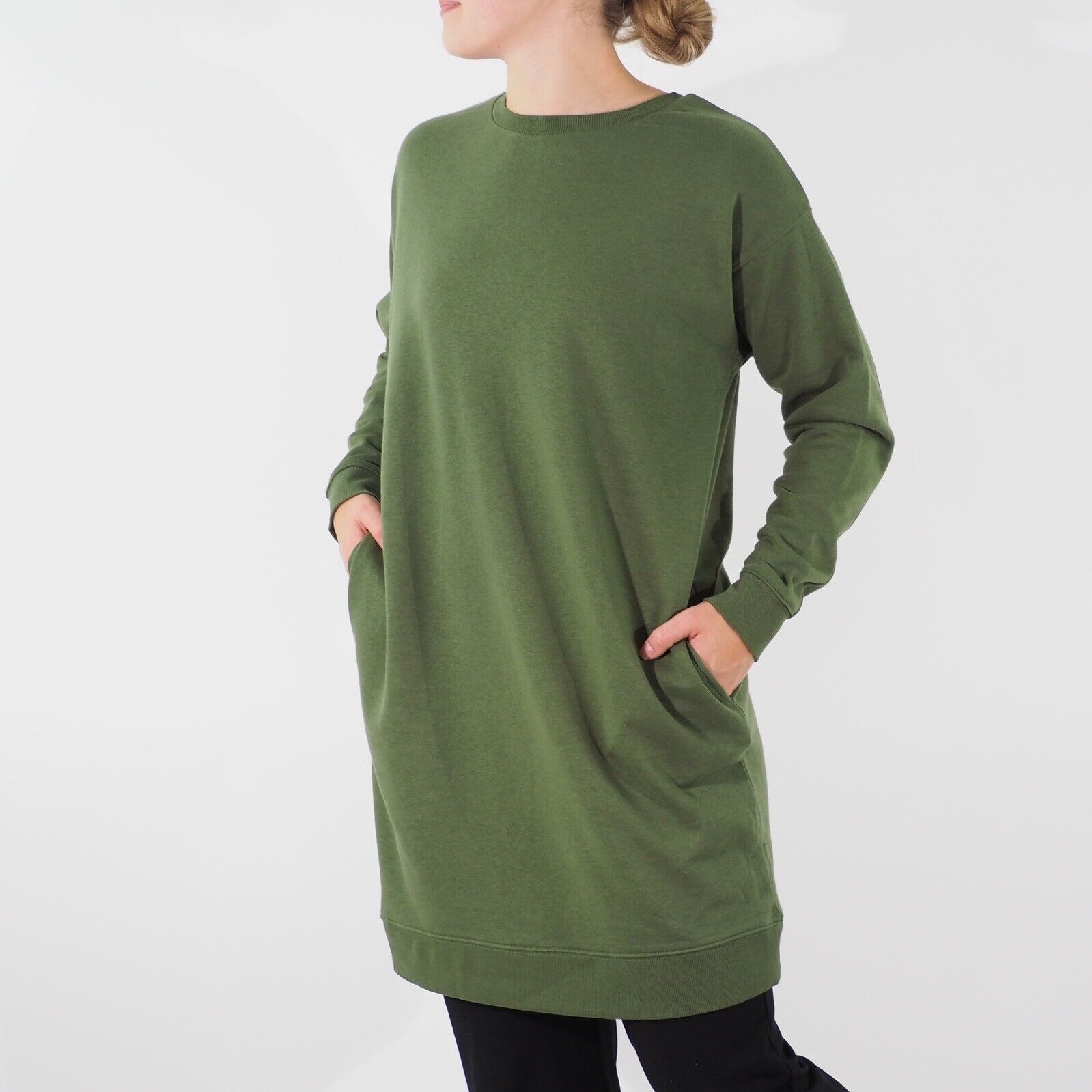 Womens Ex M&S Long Sleeve Long Jumper Green Round Neck Ladies Cotton Pullover