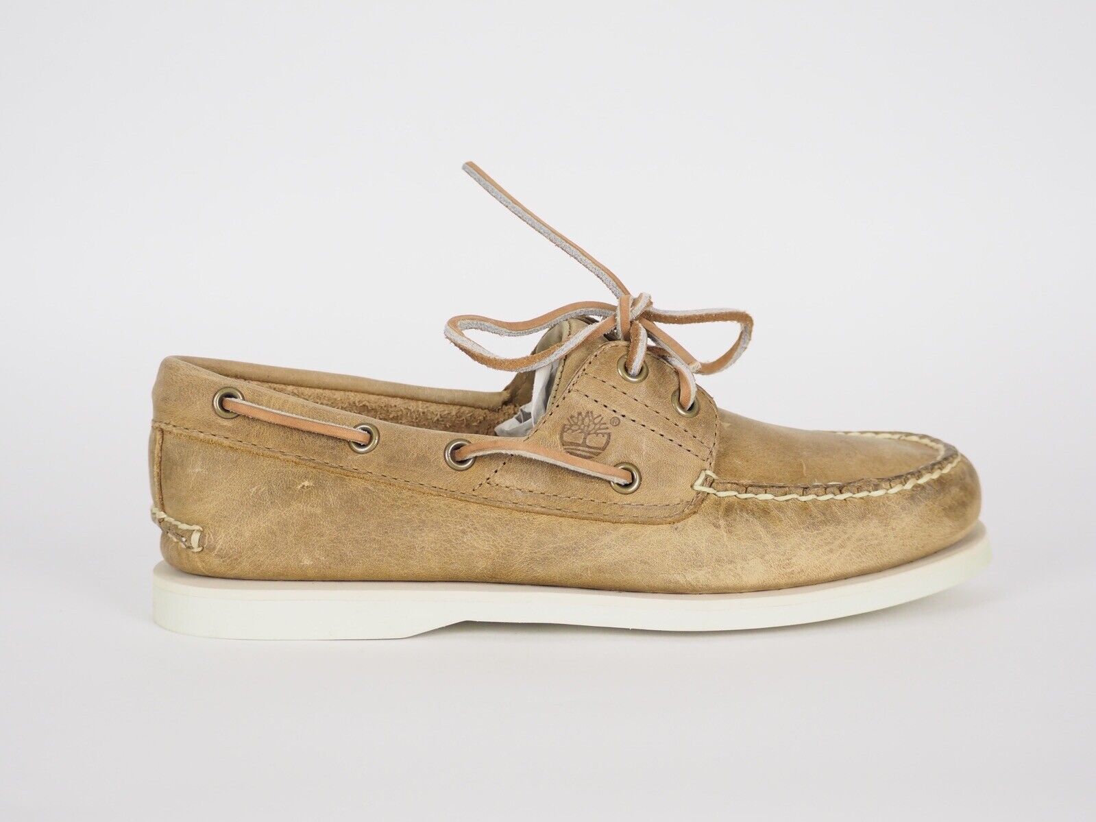 Mens Timberland Classic 1002R Beige Leather 2 Eye Lace Up Casual Boat Shoes