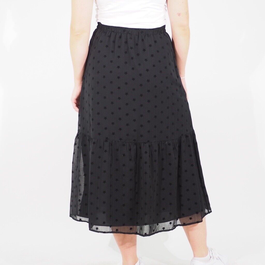 Womens Ex M&S Long Skirt Black Elastic Waist Star Print Ladies Straight Skirt