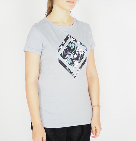 Womens Jack Wolfskin Round Neck 1806931 Light Grey Graphic Short Sleeve T-Shirt