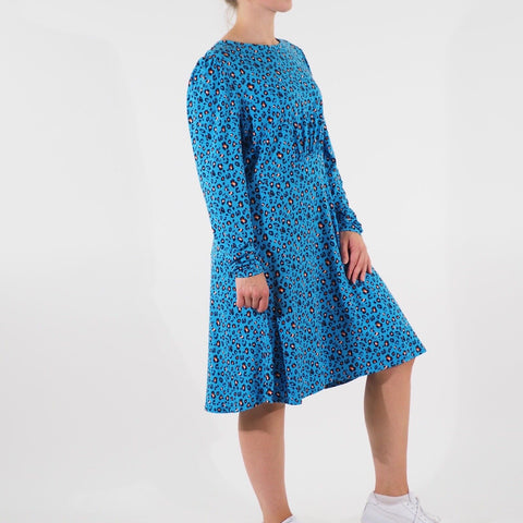 Womens Ex M&S Long Sleeve Viscose Dress Blue Mix Floral Round Neck Long Dress