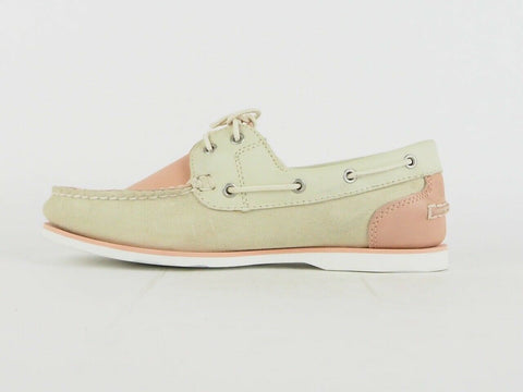 Womens Timberland Classic 2 Eye Boat 8146A Beige / Pink Leather Boat Shoes - London Top Style