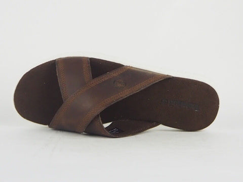 Mens Timberland Piermont Cross Band A13VJ Brown Leather Slips On Sliders - London Top Style