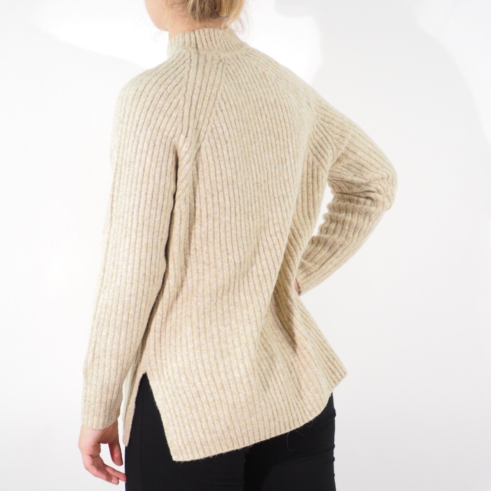 Womens Ex M&S Long Sleeve Jumper Beige High Neck Ladies Stretch Casual Pullover